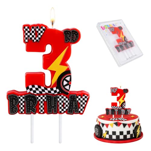 3rd Birthday Race Car Candle - Red Racing Theme Cake Topper