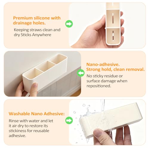 MoodLife White Silicone Straw Holder for Cabinet Door - 2 Pack Organizer with Washable Adhesive