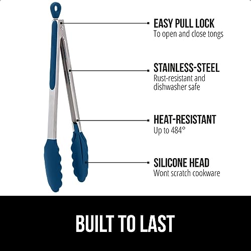 GORILLA GRIP Stainless Steel Kitchen Tongs, 7" & 9" Set, Blue Silicone Heads