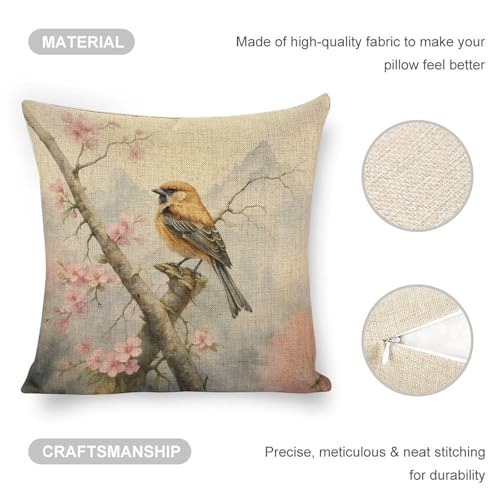 mydtiz Bird on Branch Throw Pillow Cover 18x18 Linen Cushion Case
