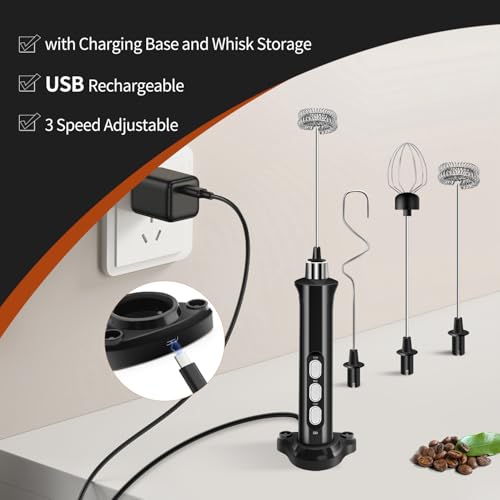 Rechargeable Handheld Milk Frother with 3 Speed Settings & Detachable Stainless Steel Whisks