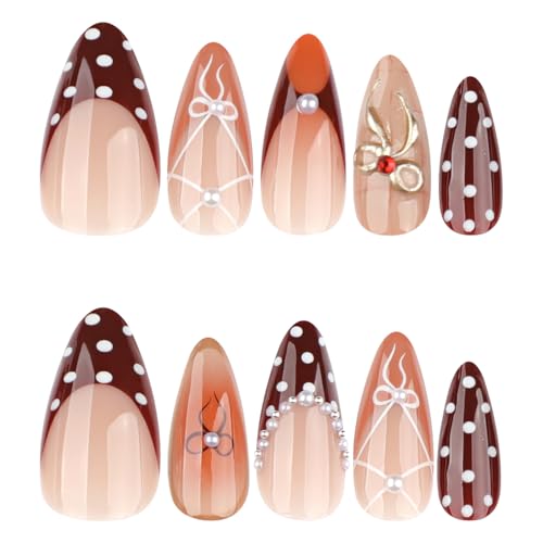 French Tip Press on Nails Medium Almond Brown Fake Nails with 3D Bows