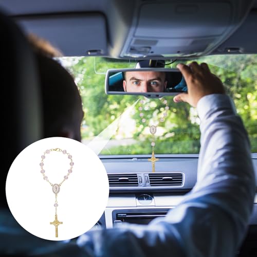 Pink Mini Car Rosary with Cross Pendant for Rearview Mirror