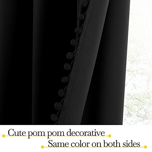 NICETOWN Blackout Curtains 2 Panels Jet Black 42"W x 63"L with Pom-Poms, Thermal Insulated Boho Style for Nursery, Playroom, Kitchen (Pack of 2)