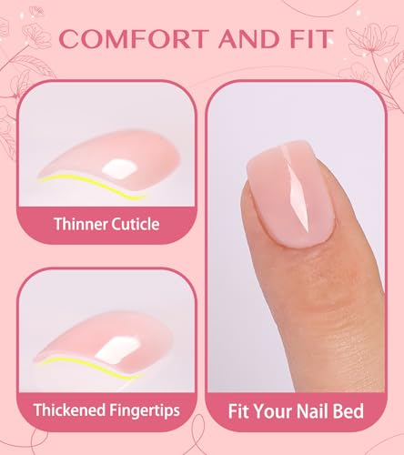Kikmoya Short Square Press On Nails Glossy Nude Fake Nails with Rhinestones
