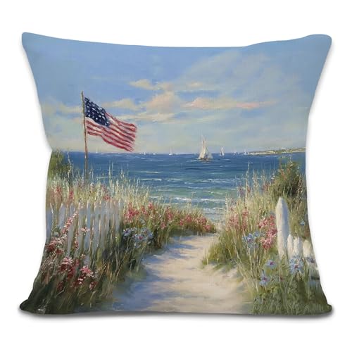 American Road Patriotic Throw Pillow Cover 18x18 - Rustic USA Flag Decor