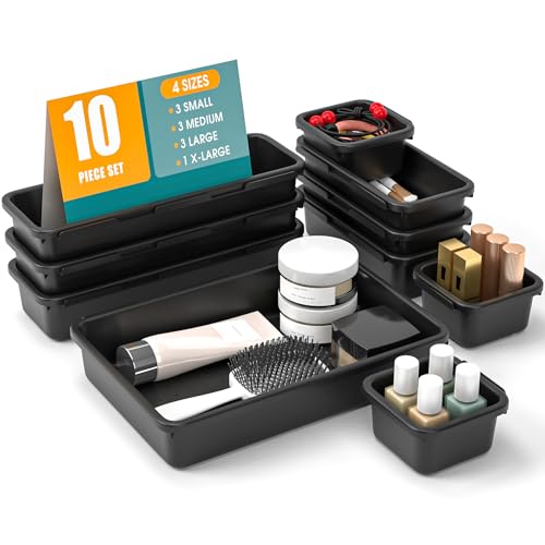 StoreHappily 10 Pack Black Drawer Organizer Set - Multi-Size Plastic Storage Bins for Kitchen, Bathroom, Office & Jewelry
