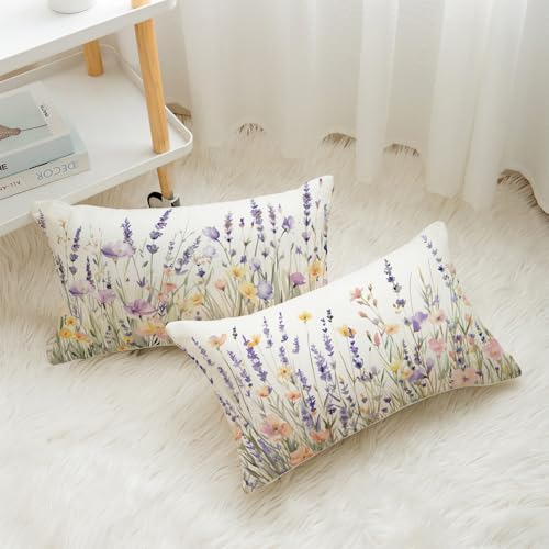 Spring Floral Throw Pillow Covers 12x20 Inch Set of 2 Farmhouse Lavender Decor