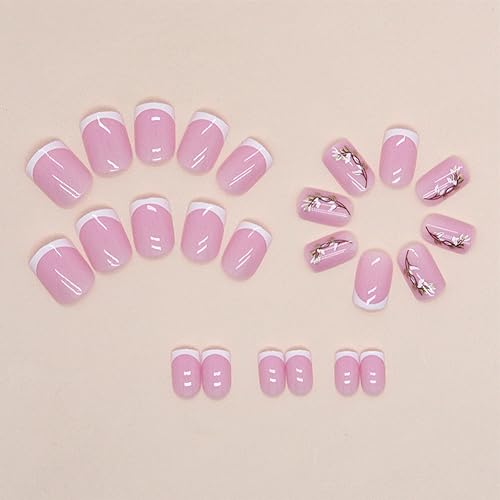 Short French Tip Press on Nails with Pink Flower Design False Nails