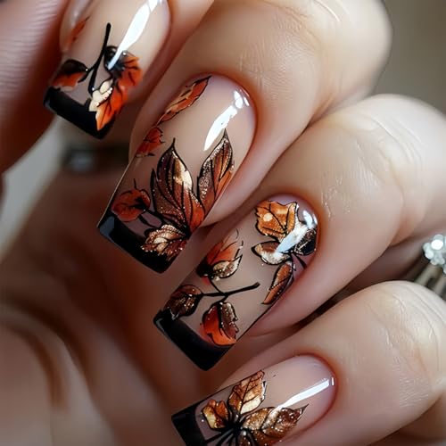 French Tip Press on Nails Medium Square Thanksgiving Maple Leaf Fake Nails