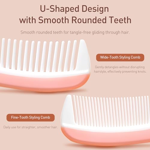 Kootinn Dual-Pack Hair Comb Set Wide and Fine Tooth Pink White