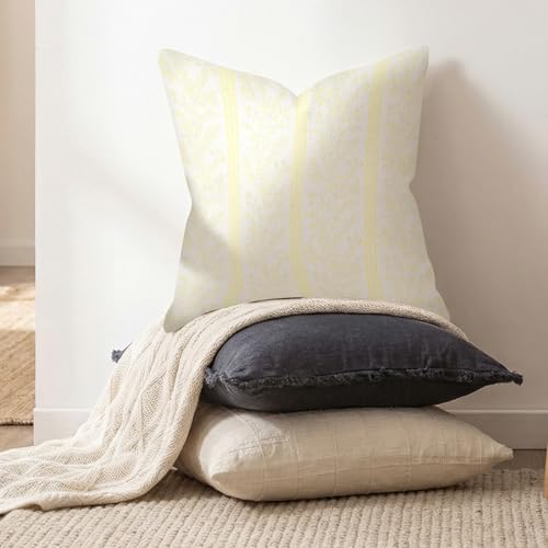Vintage Floral Throw Pillow Covers - Yellow Striped Linen, 18x18 Inch, Set of 2