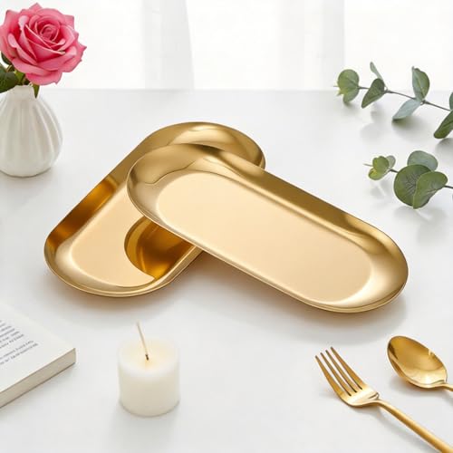 Vaincre 7" Gold Stainless Steel Oval Jewelry Tray - 2 Piece Decorative Set