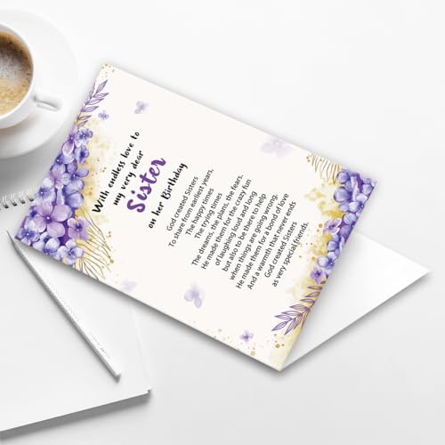 Birthday Card for Sister - Elegant Greeting Card with Envelope, 8x5.3 Inches