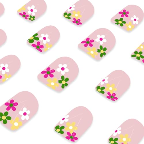 BSBTBZ Flower Press-on Nails Short Square Glossy Acrylic French Tip False Nails