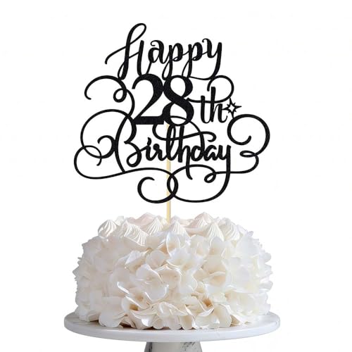 Black Glitter 28th Birthday Cake Topper - Cheers to 28 Years
