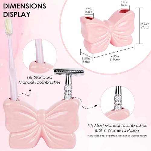 Pink Bow Ceramic Toothbrush Holder - Cute Bathroom Counter Organizer