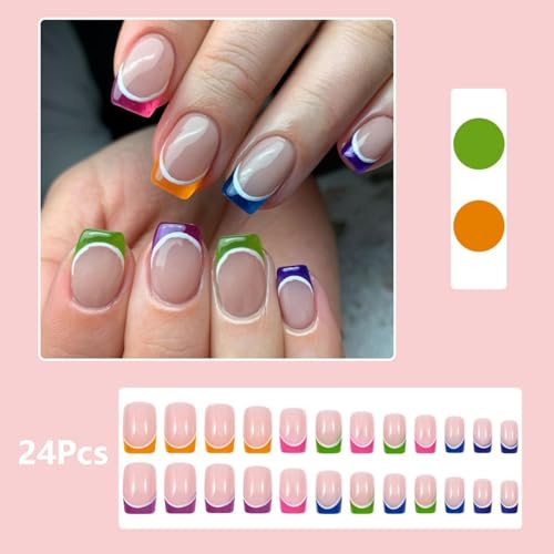 French Tip Press on Nails Medium Square Glossy Nude Pink False Nails Kit