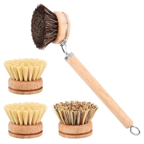LORGVEXN Wooden Dish Brush with 3 Replaceable Natural Bristle Heads – Eco-Friendly Kitchen Tool
