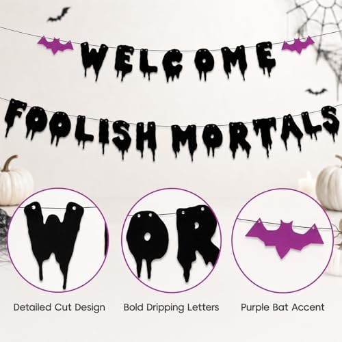 Welcome Foolish Mortals Halloween Banner Glitter Gothic Mansion Decor