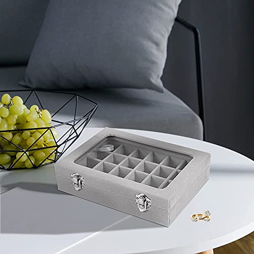 Velvet Jewelry Organizer Tray with Glass Lid 24 Compartments for Rings Earrings