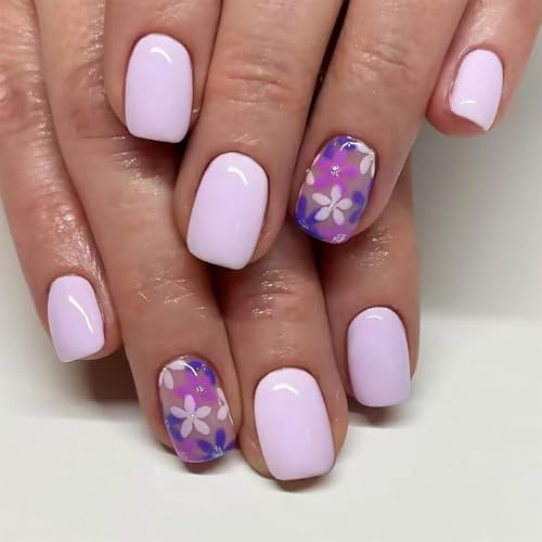 Short Square Floral Press On Nails Light Purple Glossy Acrylic Fake Nails
