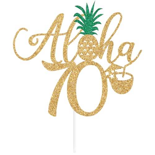Aloha 70 Cake Topper - Gold Glitter Hawaiian Birthday Decorations