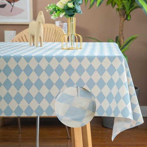 Waterproof Tablecloth 52" x 70" - Blue Checkered Vinyl for Dining & Outdoor Use