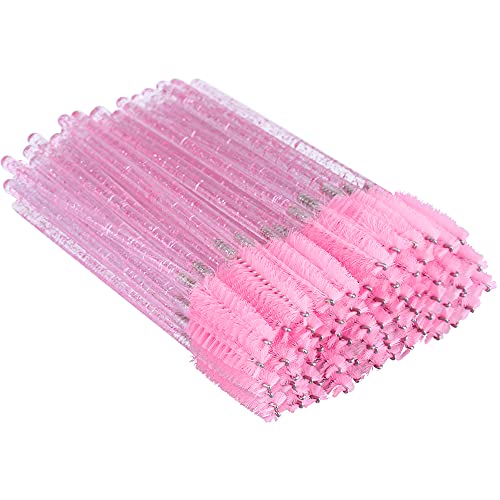 G2PLUS 100PCS Disposable Eyelash Mascara Brushes with Pink Crystal Handles