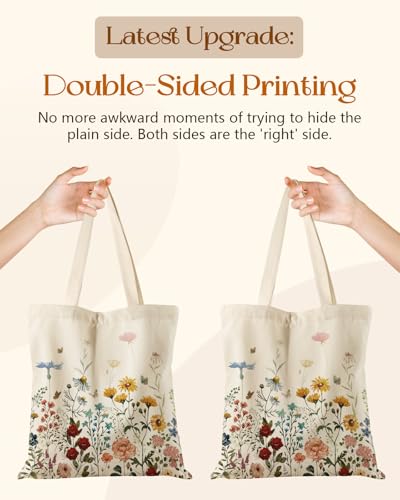 Miss Adola Retro Flower Canvas Tote Bag with Zipper Pocket