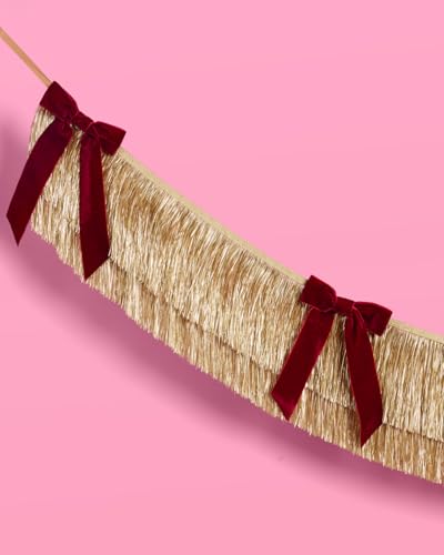 Gold Fringe Banner with Burgundy Velvet Bows - 6 Ft Party Decor