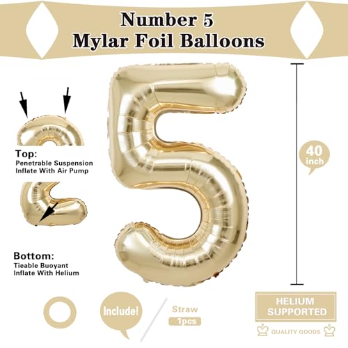 40 Inch White Gold Number 5 Balloon - Party Decoration