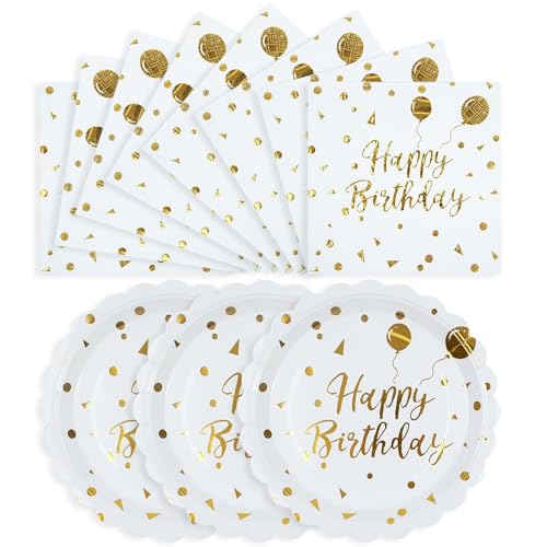Happy Birthday Paper Plates and Napkins Set, White and Gold, 50PCS