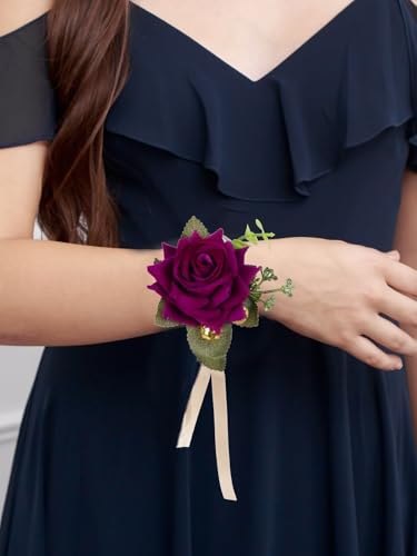 Purple Velvet Wrist Corsage & Boutonniere Set for Weddings
