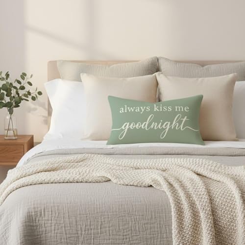 Always Kiss Me Goodnight Lumbar Pillow Cover, 12x20 Sage Green Throw Case