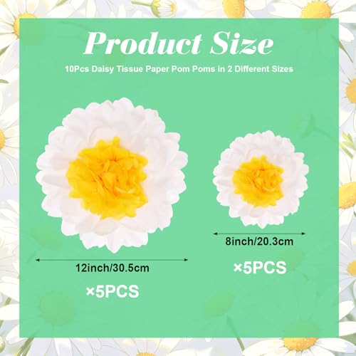 10-Pack Daisy Tissue Paper Pom Poms 8 & 12 Inch Hanging Floral Decor