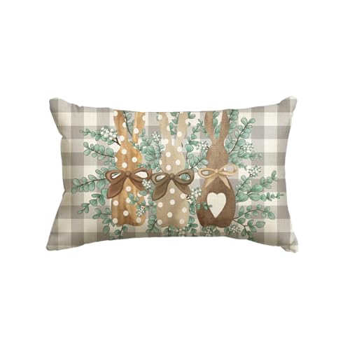 Easter Bunny Buffalo Plaid Throw Pillow Cover - 12x20 Inch Grey