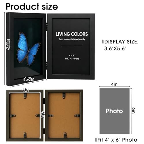 2 Hinged Black 4x6 Picture Frames Set - Double Fold Wood Photo Display