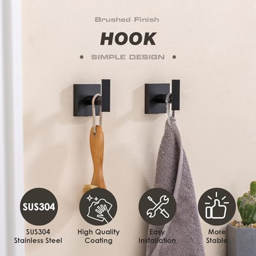 TVEDX Matte Black Stainless Steel Square Towel Hooks - 2 Pack