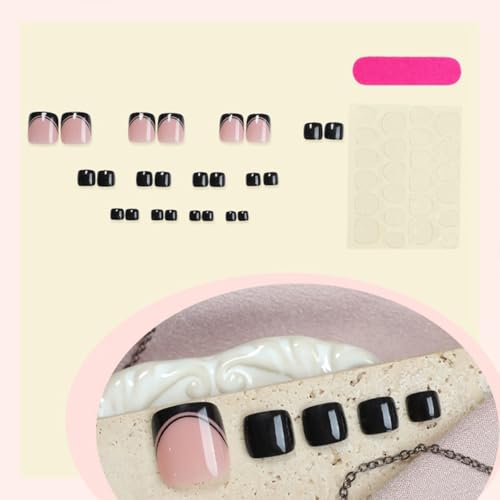 Black French Tip Press on Toenails Short Square False Toe Nails 24Pcs