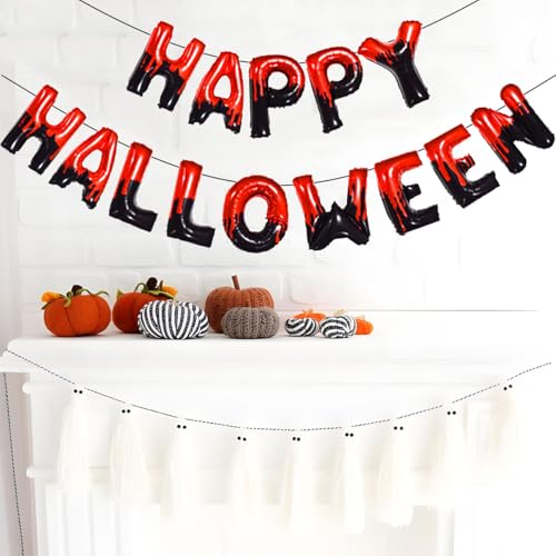 Happy Halloween Foil Balloons Banner - 16 Inch Black and Red Party Decor