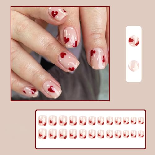 Valentine's Day Short Square Press On Nails Glossy Red Heart Acrylic Fake Nails