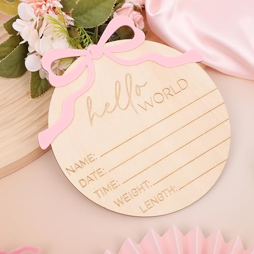 Hello World Wooden Baby Announcement Sign with Bow - Newborn Photo Prop