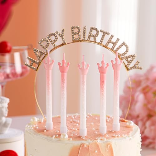 Gradient Pink Crown Birthday Candles - 5PCS Long Smokeless Wax