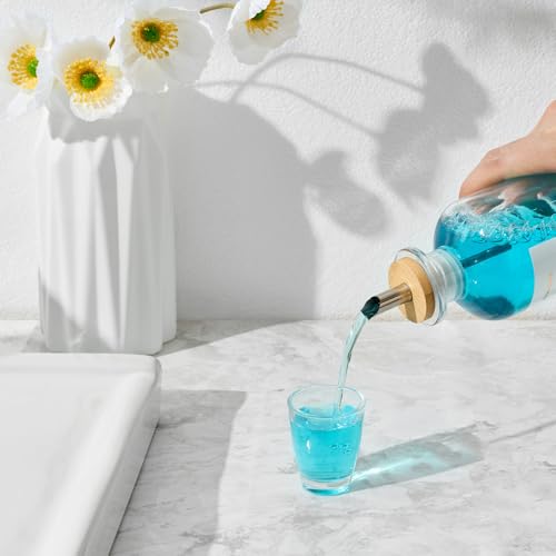 MUVEKA Clear Glass Mouthwash Dispenser Set with Bamboo Holder - 11.8oz