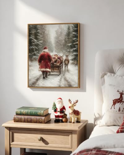 Santa Claus Wall Art Canvas Print 16x20 Framed Christmas Scene with Deer & Santa