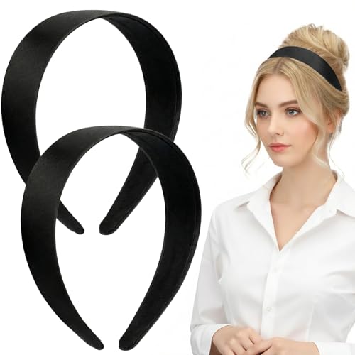Black Satin Headbands 2 Pack, 1.1 Inch Wide Non-Slip Hair Bands