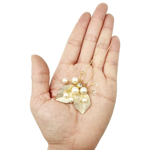 BETITETO Gold Pearl Wedding Hair Pins 5pcs - Crystal Leaf Bridal Hair Pieces