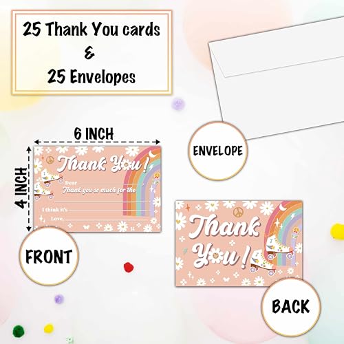 Rainbow Daisy Themed Thank You Cards - 25 Pack with Envelopes