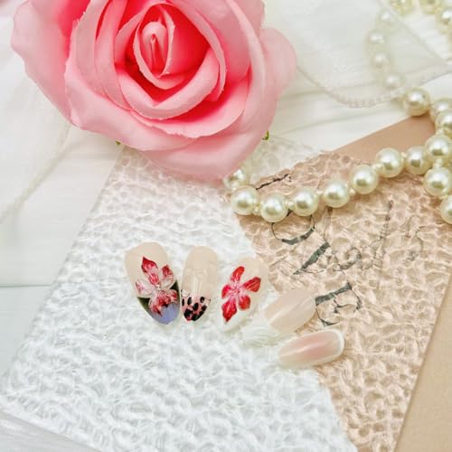 3D Floral Press On Nails Medium Almond French Tip False Nails